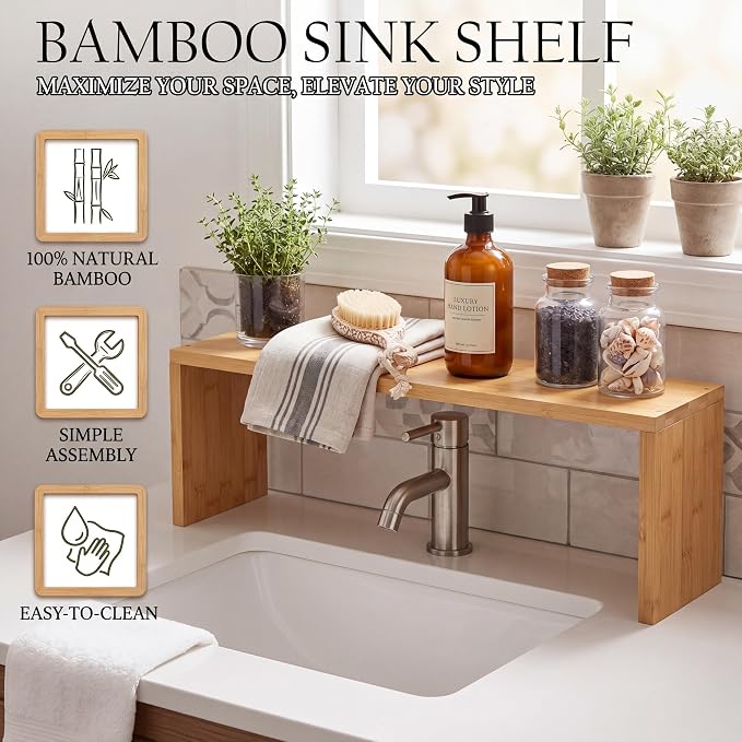 Bamboo Over the Sink Shelf Bathroom Shelf Organizer Over the Faucet Wood Pedestal Soap Stand Farmhouse Bathroom Decor Over the Sink Shelves (23.62 x 7.87 x 5.91 Inches,Bamboo Color) - Image 4