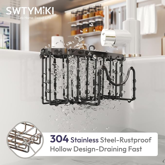 SWTYMIKI Sponge Holder for Kitchen Sink - Movable Kitchen Sink Caddy with M Shape Hook, Stainless Steel Hanging Sponges Caddy Organizer in Double Bowl Sinks Depth>3.15in, Middle Divider<1.5in, Black - Image 5