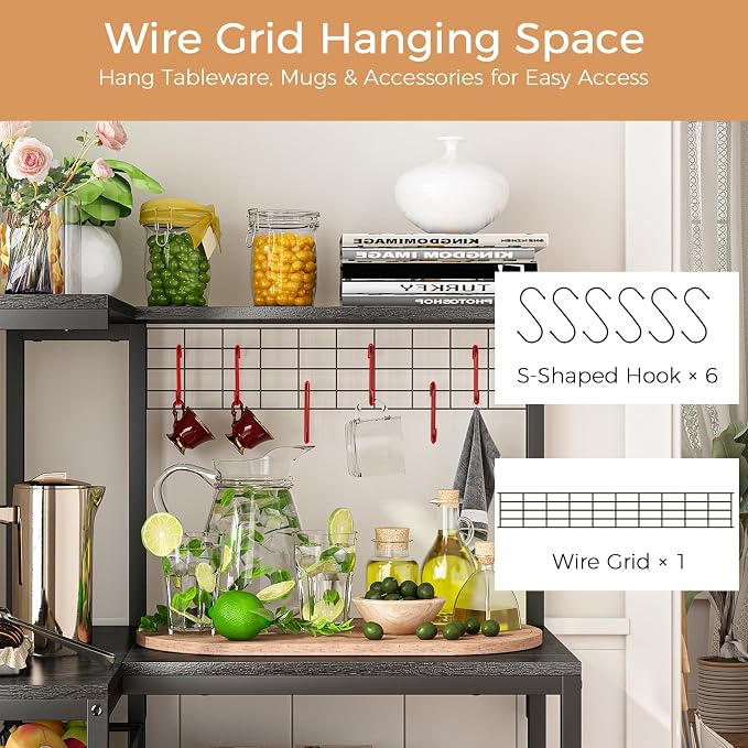4-Tier L-Shaped Baker's Rack with Power Outlet,Corner Coffee Bar,Black | Kitchen Appliance Storage, Pull Out Basket, 6 Hooks and Flexible Installation Options for Kitchen, Balcony, Living Room - Image 6