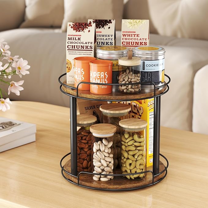 LAMU 12'' Wood Lazy Susan Turntable Organizer for Cabinet, 2 Tier Lazy Susan Spice Rack Organizer for Kitchen, Table Top, Countertop, Pantry, Bathroom - Image 7