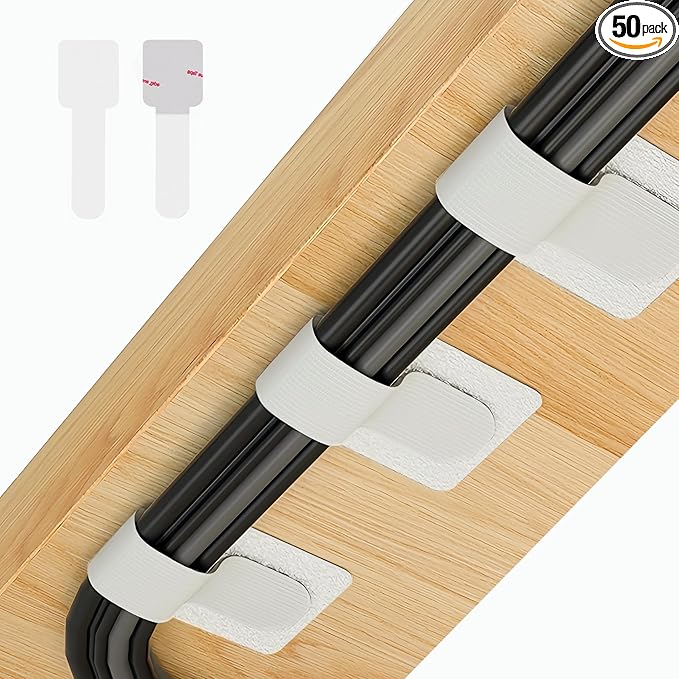 Abnii 50 PCS Hook and Loop Cable Ties, Under Desk Cable Management, White | Self Adhesive Cable Clips Straps, Sticky-Back Cord Organizer, Wire Organizer for TV PC Laptop Ethernet Desktop by Abnii