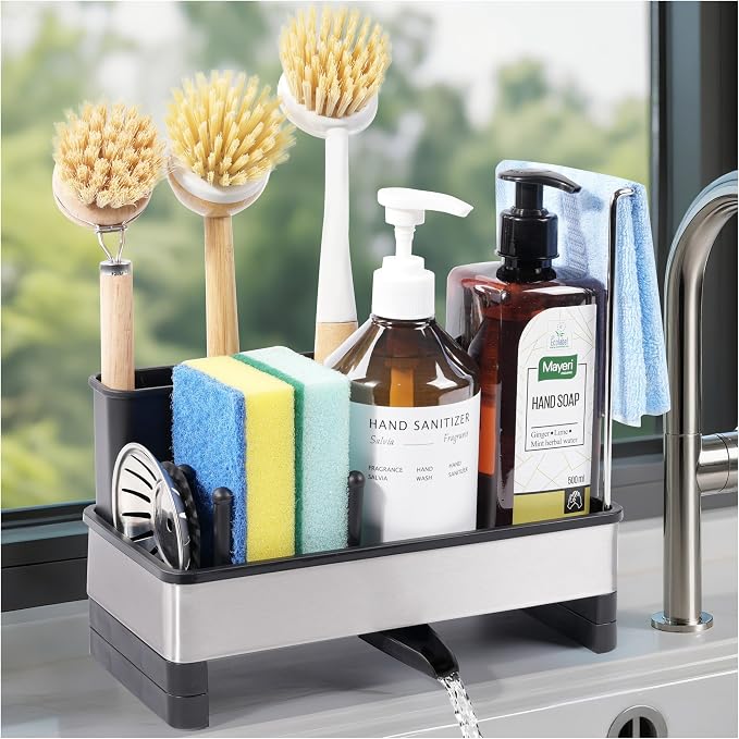 Sponge Holder for Kitchen Sink Caddy Organizer, Dish Brush Holder | Stainless Steel Sponge Caddy for Kitchen Countertop Organizer, Rustproof Dish Soap and Sponge Rack with Dishcloth Drying Rack by Unknown
