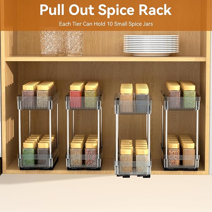 DABIGE 3 Pack Pull Out Spice Rack Organizer for Cabinet, 2 Tier Slide Out Spice Racks Organizer, Spice Cabinet Organizers, Cabinet Size Need:12'' High x 11'' Deep x 5'' Wide, Clear Acrylic - Image 9