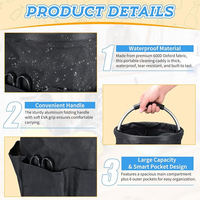 17L Cleaning Caddy with Handle & 6 Pockets, Foldable Cleaning Supply | Portable Shower Caddy, 600D Oxford Fabric Storage Basket for Home, Camping, Gardening, Bathroom - Image 3