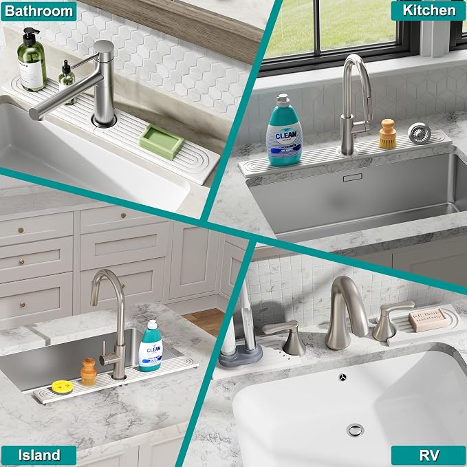 Stone Faucet Mat for Kitchen Sink - Quick Dry Diatomite Sink Splash Guard, Prevents Moisture Buildup & Water Stains, Water Absorbing Stone Tray for Bathroom Countertop (White, 20" x 4") - Image 9