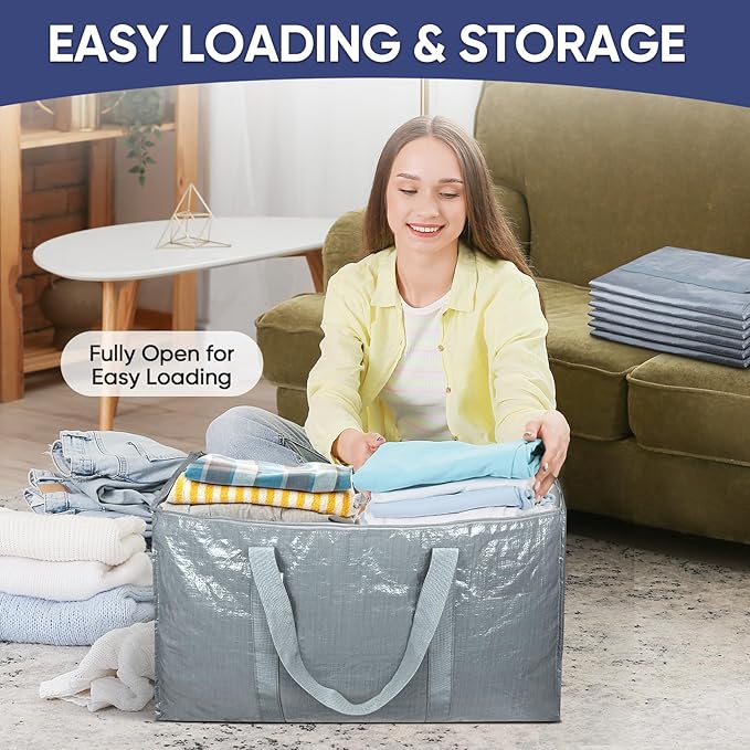 TICONN 6 Pack Extra Large Moving Bags Heavy Duty with Zippers & Carrying Handles, Durable Storage Bags Moving Boxes for Closet Organizers and Storage (6 Pack, Light Grey) - Image 7
