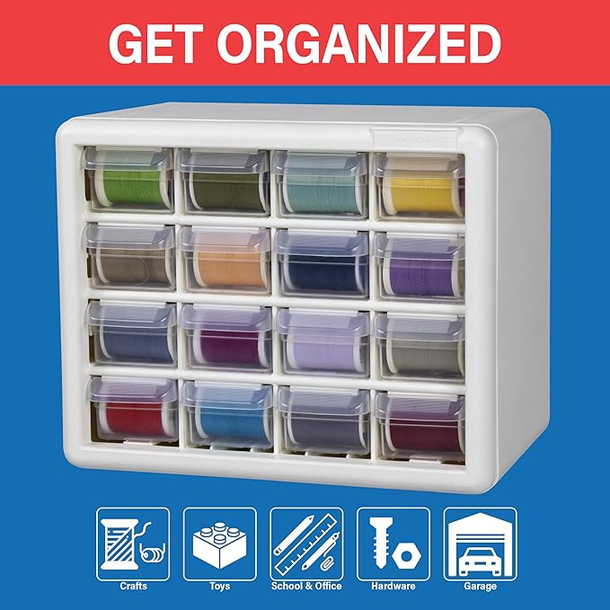 Akro-Mils 16-Drawer Plastic Storage Cabinet, 10.5"W x 6.5"D x 8.5"H, White | Plastic Cabinet w/ Drawers for Garage Organization, Beads, Makeup Organizer, Building Bricks Storage, Teacher Toolbox, 10116 - Image 3