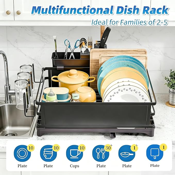 Simple Trending Dish Drying Rack for Kitchen Counter, 11.7" x 16.5", Black | Stainless Steel Dish Rack for Kitchen Counter, Dish Drainer with Cutlery & Cup Holders, Anti-Rust, Counter Space Saving - Image 3