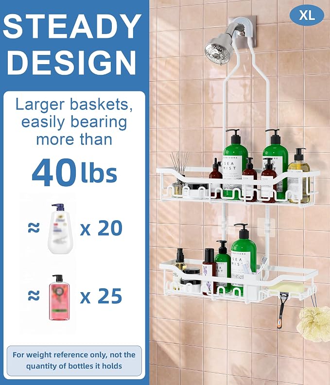 Shower Caddy Hanging Organizer, Extra Large Rack Over Showerhead with Hooks, Adjustable Height Shower Caddy for Big Shampoo Bottle, White - Image 5