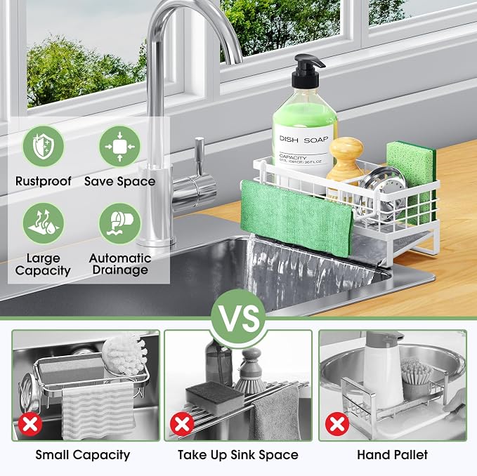 Kitchen Sink Caddy, Rustproof Self-Draining Sponge Holder, White | Metal Kitchen Caddy Sink Organizer, Detachable Dish Cloth Holder, Non-Slip Base, Kitchen Countertop Storage Accessories - Image 3