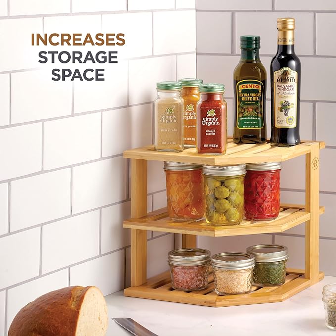 Bamboo Plate Organizer for Cabinet, 3 Tier Corner Shelf Riser, 2 Pack | Holds heavy stacked dishes mugs bowls, non slip feet, tool included easy assembly, kitchen pantry bathroom counter storage - Image 6