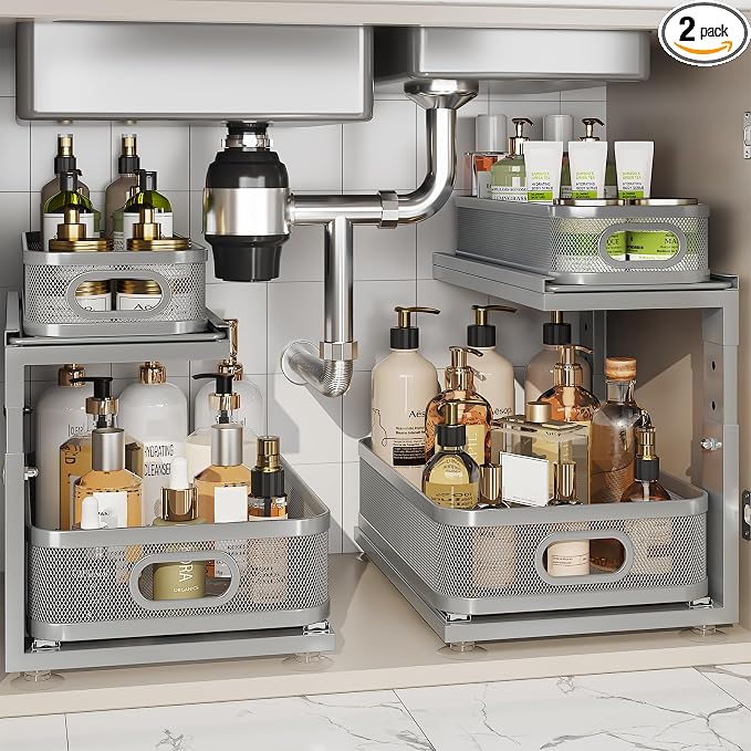 2 Pack 15.5IN-Depth Under Sink Organizer With Next-Gen Ball-Bearing Slides,2-Tier Precision Mesh Pull Out Cabinet Storage for Bathroom&Kitchen,Height Adjustable Drawers Shelf,Anti-rust-Grey by Corbyles