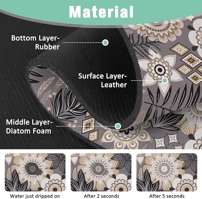 Kitchen Sink Splash Guard Faucet Mat 15" X 5.5" Boho Floral Absorbent Fast Drying Mat Faucet Draining Mat Sink Splash Guard Behind Faucet Drip Catcher for Kitchen Bathroom - Image 3