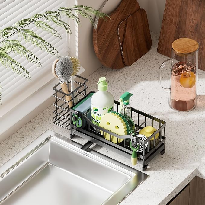 Sponge Holder for Kitchen Sink, Kitchen Sink Caddy with Long-Handled Dish Brushes Holder, 304 Rustproof Stainless Steel Countertop Organizers and Storage, Home Kitchen Sink Accessories (Black) - Image 8