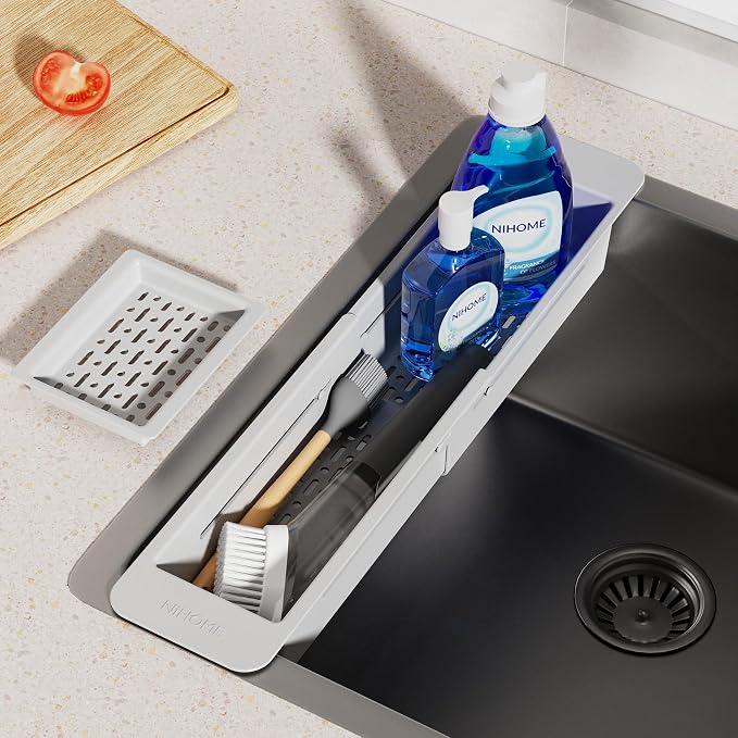 NiHome Extendable Kitchen Sink Caddy, Small Brush Sponge Storage Holder | Expandable Kitchen In Sink Organizer for Brush & Sponge with Drainage, Adjustable Length, Non-Slip Pads, Durable ABS (Gray) - Image 9
