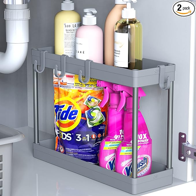 Simple Houseware 2-Tier Under Sink Organizer Storage Tray with Hooks, Grey by SimpleHouseware