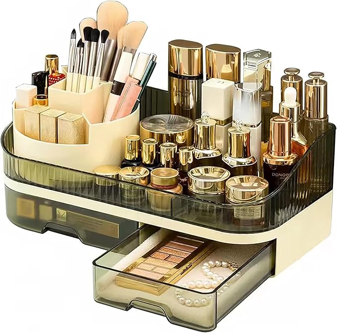 Makeup Organizer Countertop with Dual Drawers | Plastic, Vanity Bathroom Desk, 360° Rotating, Easy Clean, Cosmetic Skincare by Tidyladyo