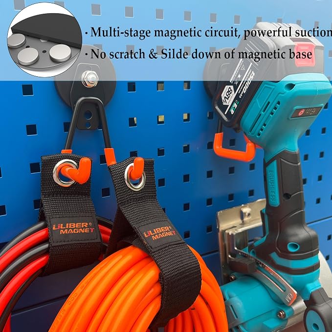 ULIBERMAGNET Heavy Duty Magnetic Garage Hooks,4 Pack Strong Large Magnet Hooks for Power Drill,Garden Tools,Hose,Pegboard,Garage, Workshop,Magnetic Storage Hooks for Indoor Outdoor Hanging(Orange) - Image 5