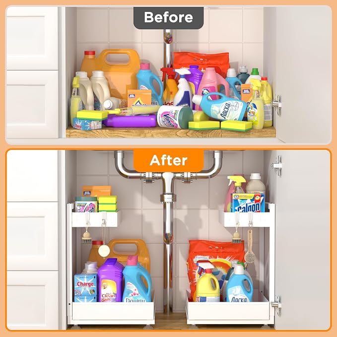 TATAANTY Under Sink Organizer 2 Pack, 2 Tier Metal Under the Sink Storage, Heavy Duty Slide out Pull out Cabinet Organizer, Height Adjustable for Kitchen Bathroom Pantry Closet Organization Rack - Image 2