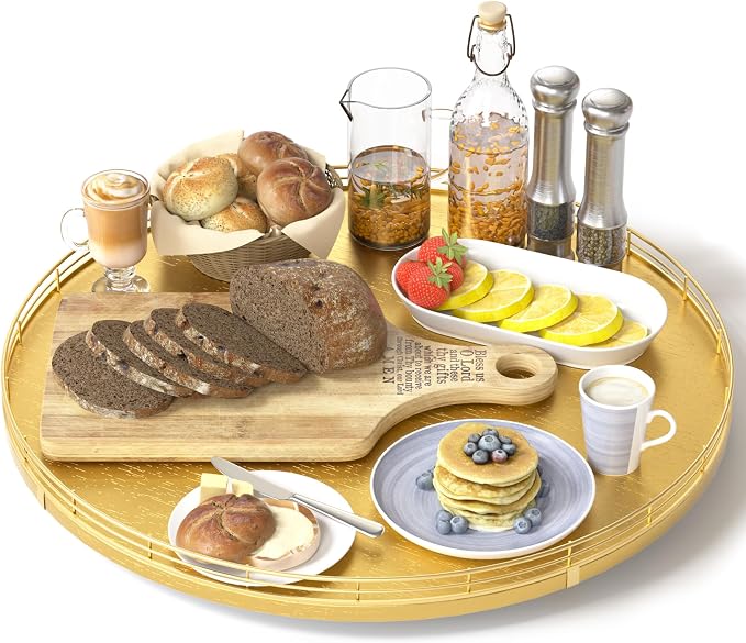 Oroyutor 16-Inch Oak Lazy Susan Organizer with Gold Metal Rail | Oak wood base, gold metal rail and smooth 360-degree rotation for dining tables, kitchen counters and spice storage. by Oroyutor