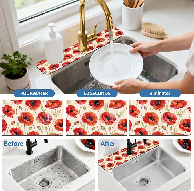 2 Pcs Kitchen Sink Splash Guard Faucet Mat Papaver Rhoeas Pattern Faucet Mat for Sinks Absorbing Drying Mats for Kitchen Bathroom - Image 5