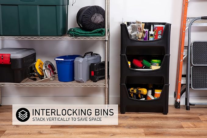 Mighty Tuff Jumbo Stackable Storage Bins, Pack of 3, Easy-Access Storage, Large Easy-to-Grip Handles, Wide Front Opening, Interlocking, Stack Vertically, Black - Image 5