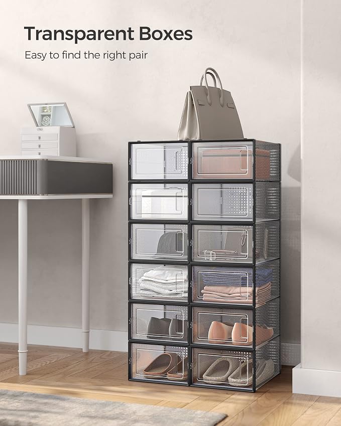 SONGMICS Shoe Boxes, Pack of 24 Shoe Storage Organizers, Stackable Clear Plastic Boxes for Closet, Sneakers, 13.1 x 9.1 x 5.6 Inches, Transparent and Black ULSP906B12 - Image 3