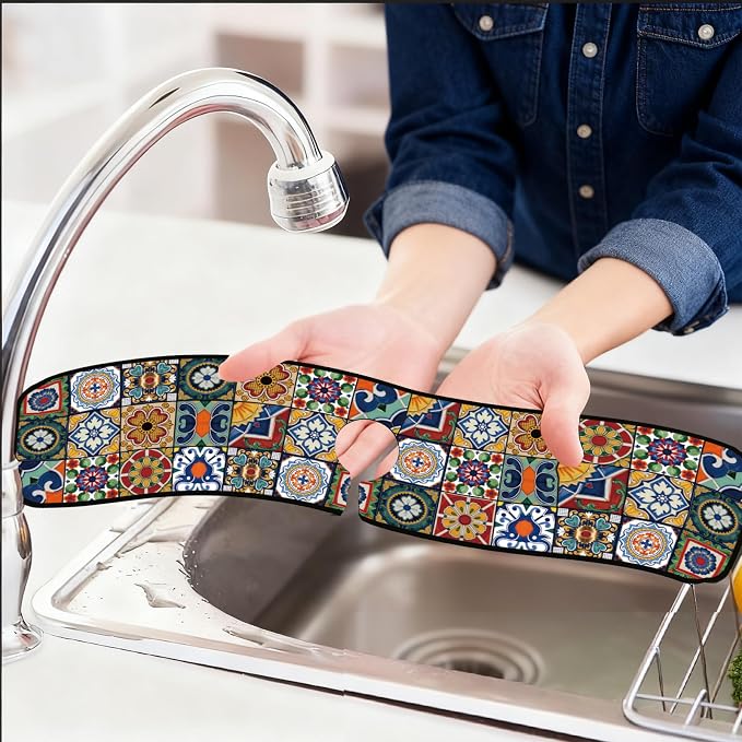 2 Pcs Kitchen Sink Splash Guard Faucet Mat Colored Bohemian Tiles Pattern Faucet Mat for Sinks Absorbing Drying Mat for Kitchen Bathroom, 23.6x5.5inch - Image 6