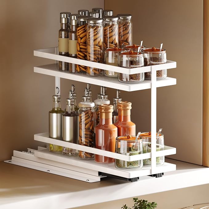 Pull Out Spice Rack 2-Tier Metal & Wood Seasoning Organizer White | No-Drill Install | Full-Extension Silent Glide | Each Tier Holds 10–12 Standard Spice Bottles | Rustproof, Wipe-Clean Surface by HOFUSUSER