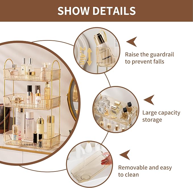 Akinbas 3 Tier Bathroom Organizer Countertop Makeup Perfume Tray Skincare Organizer for Bathroom Dresser Vanity (Gold) - Image 5