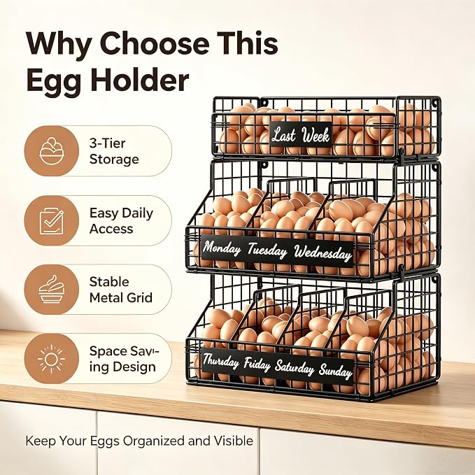 Egg Holder Countertop, Large 3T Chicken Egg Basket for Gathering Fresh Eggs | Egg Storage Organizer with Adjustable 5 Divider & Label, Stackable Wall Mounted Egg Collecting Basket Rack, XXL Black - Image 4