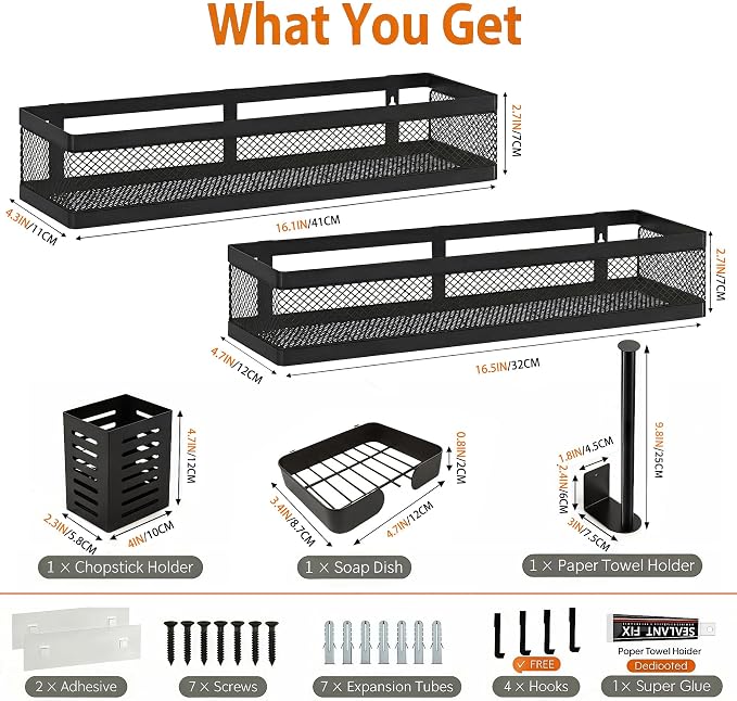 PUSDON 5-in-1 16.5" Extra Long Slim Wall Mount Wrapped Mesh Kitchen Organizer & Shower Caddy Kit, with Paper Towel Holder, Utensil Holder, Soap Dish, Holds 50LBS - Matte Black, Netting - Image 2