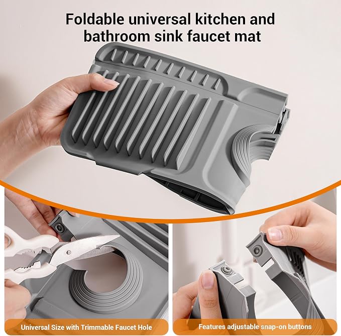 ZJWZLG Faucet Mat for Kitchen Sink, 24"X5.5" Silicone Sink Splash Guard , Snap-On Design & 7°slope Fast Drain, Folding Sink Faucet Mat for Universal Kitchen Bathroom Sink(Grey) - Image 6