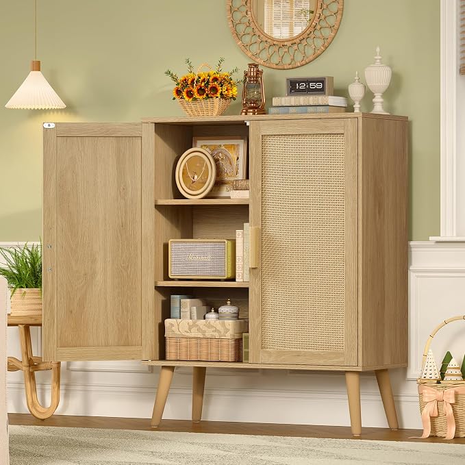 Iwell Storage Cabinet with 2 Shelves, Rattan Cabinet with 2 Doors, Sideboard Buffet Cabinets with Storage for Living Room, Dining Room, Entryway, Natural - Image 2