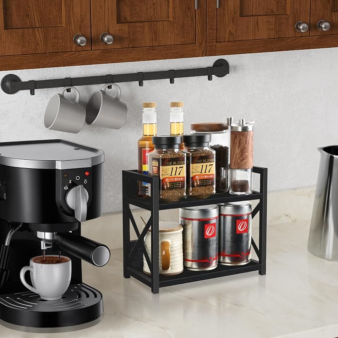 YINMIT Kitchen Countertop Organizer,Spice Rack,Coffee Bar Shelf Organizer | 2-Tier Coffee Station,Seasoning Storage,Syrup,Mug Cup,Bottle Holder,Bathroom Vanity,Pantry,Bedroom and Office,Black, Small - Image 2