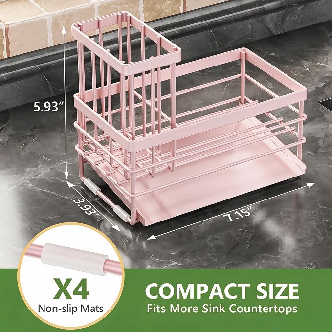 Cisily Pink Sink Caddy Sponge Holder for Kitchen with Brush Holder and Stainless Steel Self Drain Tray, Rustproof Kitchen Sink Organizer for Sponge, Soap Dispenser Storage Accessories - Image 2