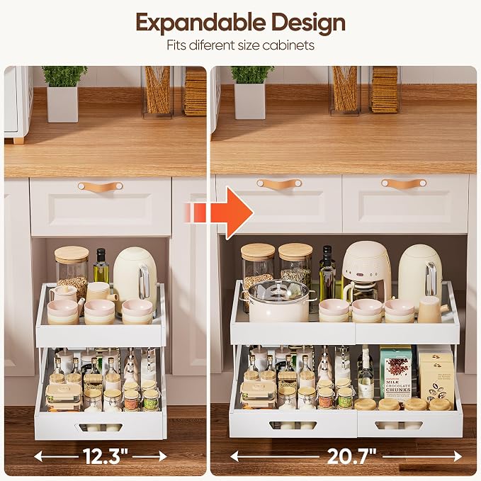 Nacial 2 Tier Pull Out Cabinet Organizer,Expandable(12.3"-20.7" W),White | Slide Out Cabinet Drawer with Adhesive Nano Film, Adjustable Heavy Duty Roll Out Shelves for Kitchen Pantry Bathroom Storage - Image 5