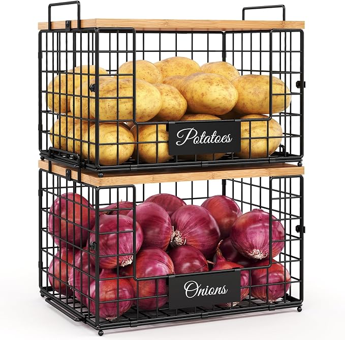 2 PACK XXL Potato and Onion Storage Bins, Pantry Organizers and Storage | Stackable Wire Baskets with Wooden Tops & Tags, Kitchen Counter Organizers Bins for Potato, Onion, Fruit, Vegetable, Garlic by keomaisyto