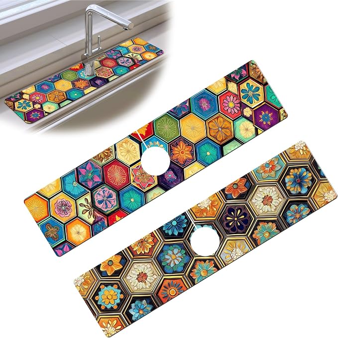Bimkole 2 PCS Faucet Absorbent Mat, Kitchen Faucet Sink Splash Guard Wraparound Cloth Pads Drip Catcher for Sink Faucet for Kitchen Bathroom Faucet, Colorful Faucet Mat, 15 x 4 Inch Flower A7 by Bimkole
