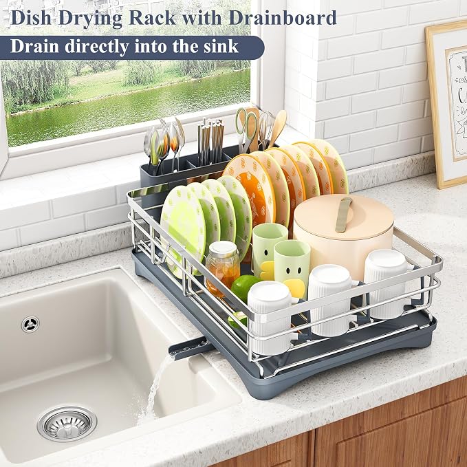 SAYZH Dish Drying Rack for Kitchen Counter with Utensil Holder, Silver | Stainless Steel, Large Capacity, Angled Drainboard, Rotating Spout, Removable to Clean - Image 4