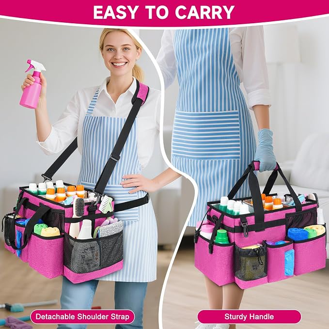 Cleaning Caddy Bag, Large Cleaning Bag for Housekeepers, Rose Pink | Cleaning Caddy Organizer for Cleaning Supplies with Handle and Adjustable Shouder Strap, Easy to Clean & Heavy Duty Design - Image 4