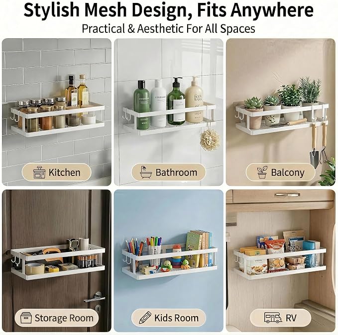 PUSDON 2-Pack Minimalist Shower Caddy Wall Mount, Open Frame Bathroom Shelf Organizer with Mesh Base, Rustproof Floating Spice Rack for Kitchen, Holds 50 LBS, 4 Hooks - White, Guardrail - Image 4