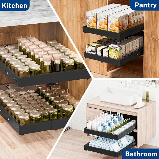 Insputer 1 Pack Pull Out Cabinet Organizer Expandable (12.4"-20.08")W & (16.26"-22.44")D, No Drill Slide Out Drawers with 3 Slide Rail, 2Pcs Magnetic Panel, Adhesive Roll Out Shelf for Kitchen, Pantry - Image 8