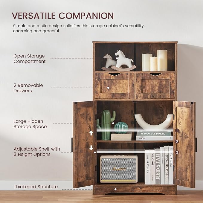 Iwell Storage Cabinet with 2 Drawers & Adjustable Shelves, Cupboard, Floor Cabinet for Living Room, Home Office, Rustic Brown - Image 5