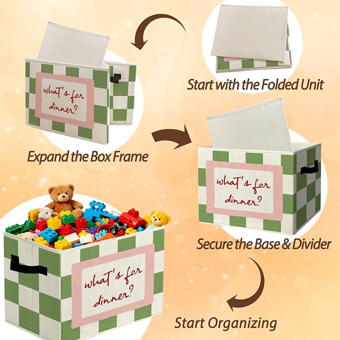 Nursery Pretend Play Kitchen Storage Bins Box with Handles Organizer Basket | farmhouse cooking foldable basket for organizing, gingham collapsible toys clothes for playroom toddler bedroom, 10x14 in - Image 6