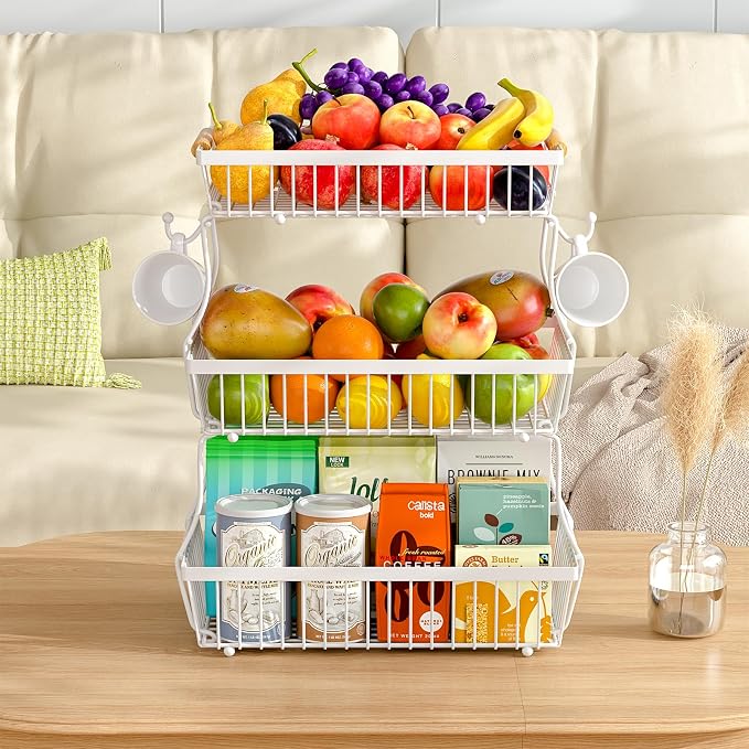 3 Tier Fruit Basket for Kitchen Counter with 2 Banana Hangers, Countertop Metal Fruit Bowl with Wooden Handle, Large Storage Stand for Vegetables, Snacks, Breads, Produce Storage – White - Image 7