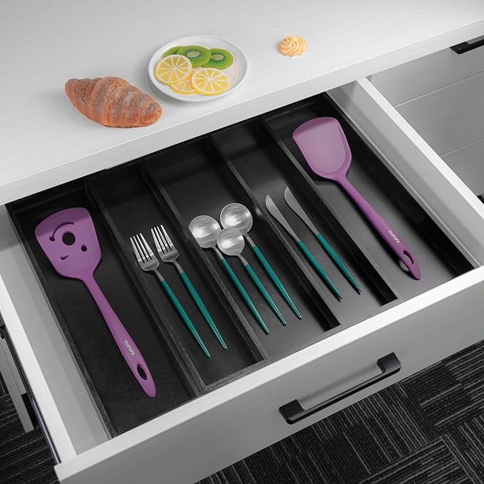 Utoplike Bamboo Drawer Organizer Kitchen Utensils, Silverware Tray Black | Adjustable Cutlery Holder Organiser, Expandable Drawer Divider for Flatware, Knives in Kitchen, Bedroom, Livingroom, 3-5 Slot - Image 2