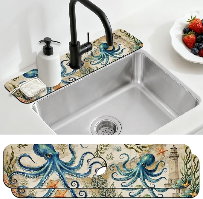 2 Pcs Kitchen Sink Splash Guard Faucet Mat Retro Ocean Octopus Pattern Faucet Mat for Sinks Flower Absorbing Drying Mats for Kitchen Bathroom by CONCHLERY%E6%97%97%E8%88%B0%E5%BA%97