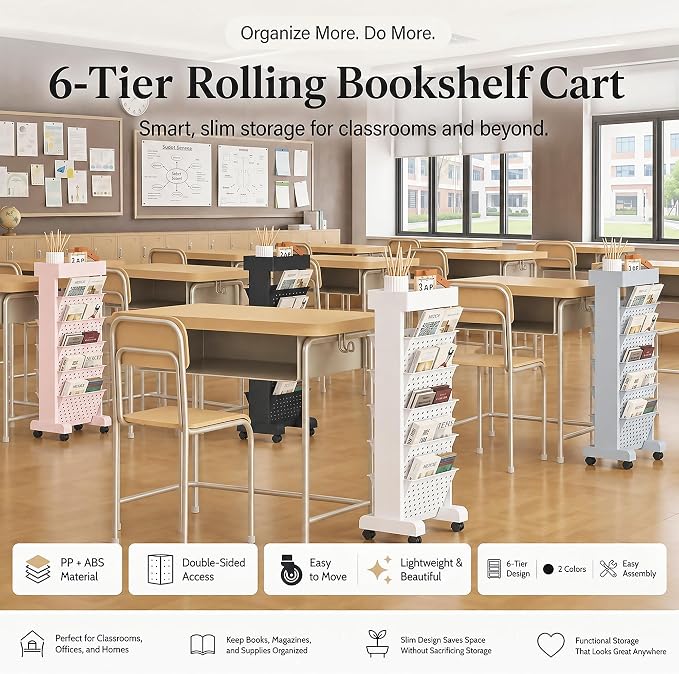 BYFU 6-Tier Rolling Bookshelf Cart, Grey | Movable with Wheels, File Paper Storage Organizer, For Home Office Study Classroom - Image 7