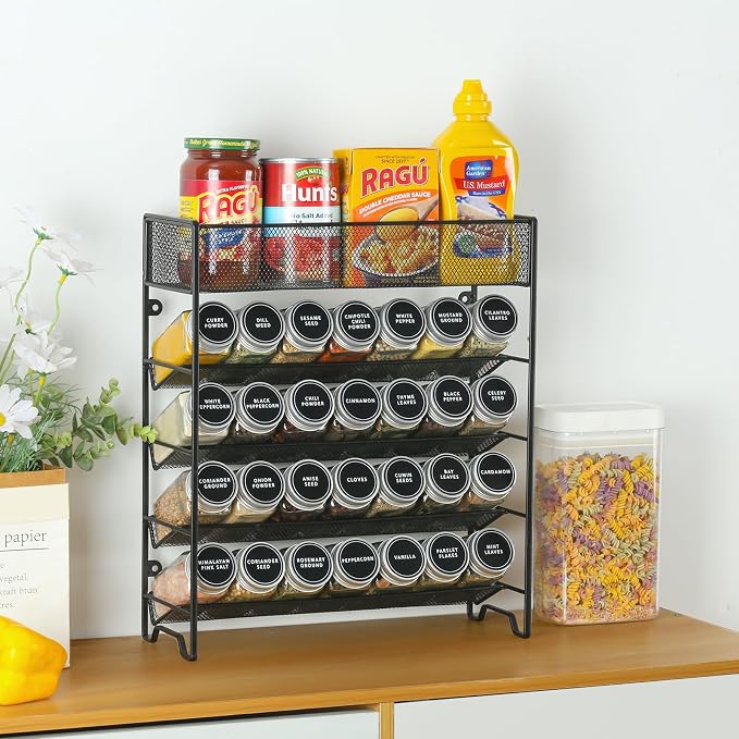 Skiileor Spice Rack Organizer with 28 Spice Jars,Spice Labels and Funnel | 5-Tiers Metal Seasoning Organizer, Kitchen Spice Organization for Cabinet, Countertop, Pantry, Cupboard Door or Wall Mount - Image 5